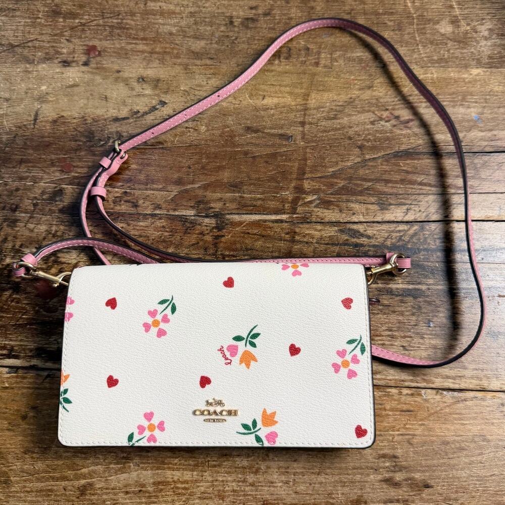 Coach Floral Tulip Print Leather Wristlet Crossbody Wallet Bag White Pink